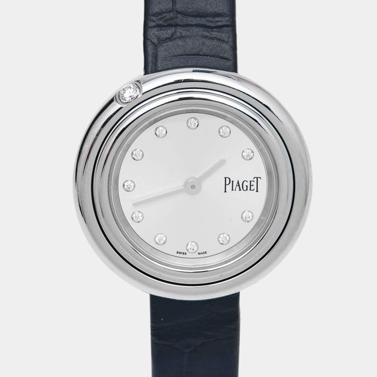 Pre Owned Piaget Silver Diamond  Stainless Steel Alligator Leather Possesion GOA43080 Women's Wristwatch 29 mm