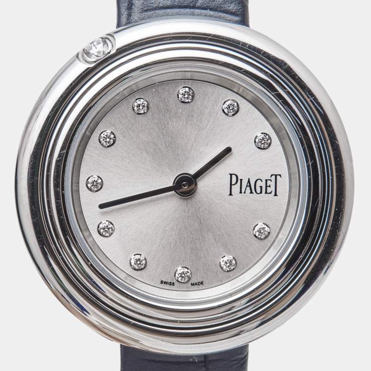 Pre Owned Piaget Silver Diamond  Stainless Steel Alligator Leather Possesion GOA43080 Women's Wristwatch 29 mm