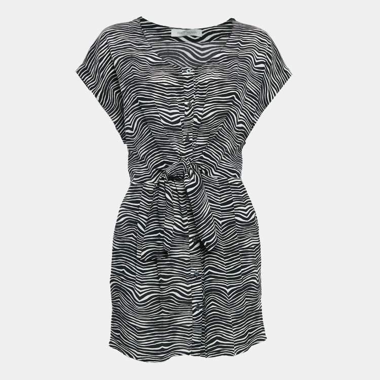Pre Owned Pierre Balmain Black/White Printed Silk Waist Tie-Up Detail Mini Dress M