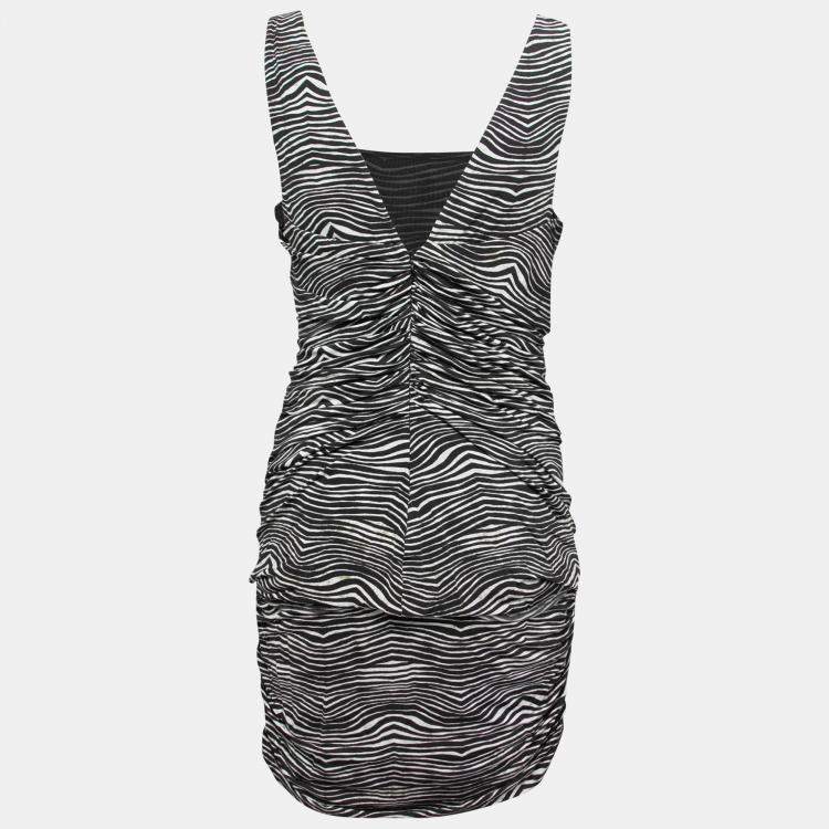 Pre Owned Pierre Balmain Black and White Stretch Zebra Print Draped Jersey Mini Dress L 