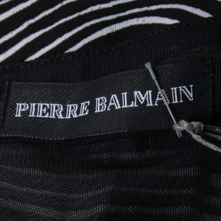Pre Owned Pierre Balmain Black and White Stretch Zebra Print Draped Jersey Mini Dress L 