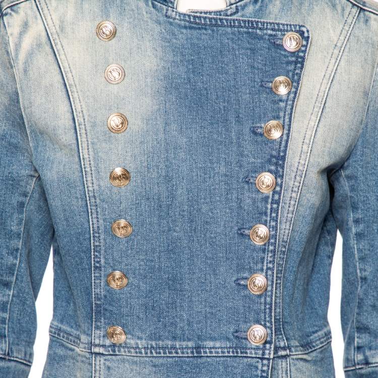 Pre Owned Pierre Balmain Blue Denim Double Breasted Band Jacket M
