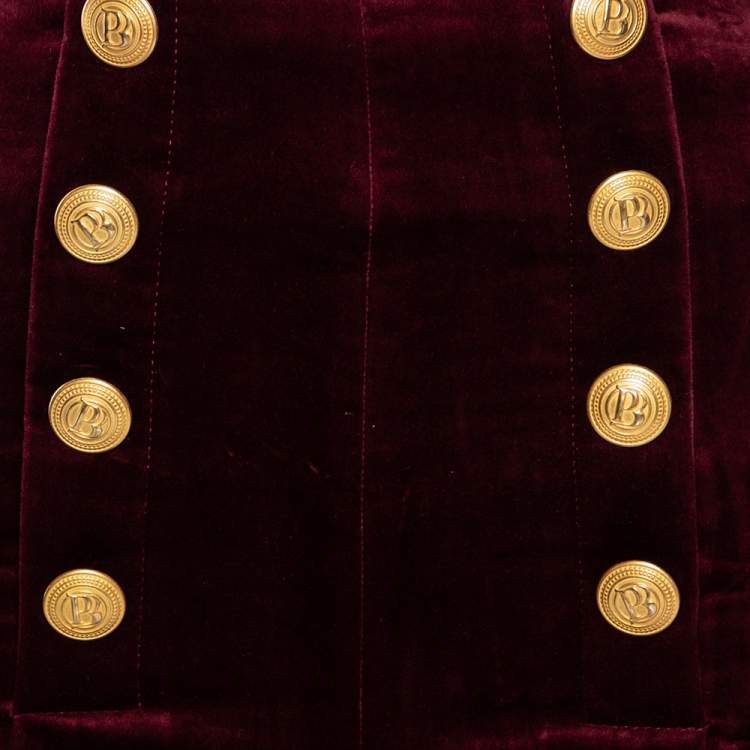 Pre Owned Pierre Balmain Maroon Velvet Button Detail High Waist Short S