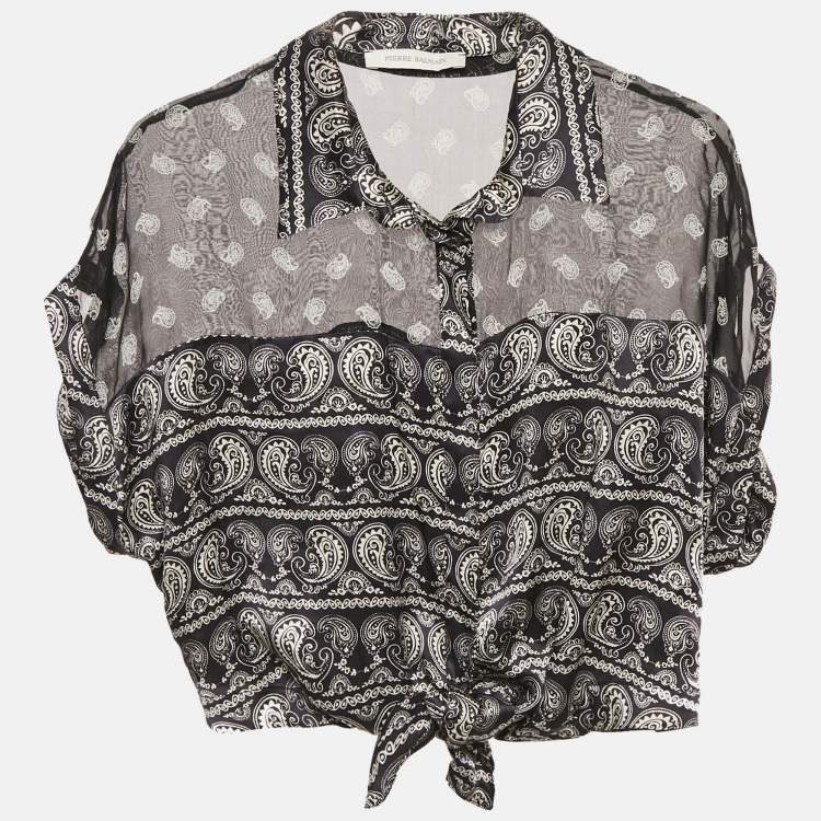 Pre Owned Pierre Balmain Black Paisley Print Silk Tie Knot Crop Top M