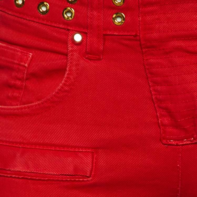 Pre Owned Pierre Balmain Red Denim Studded Slim Fit Jeans M/Waist 29"