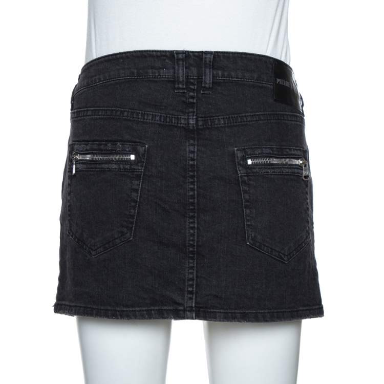 Pre Owned Pierre Balmain Dark Grey Washed Denim Mini Skirt M