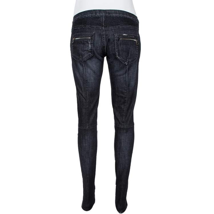 مملوكة مسبقًا Pierre Balmain Black Denim Skinny Biker Jeans L