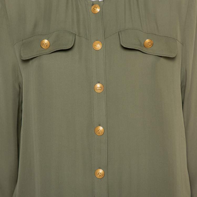 Pre Owned Pierre Balmain Military Green Silk Half Collar Button Front Shirt S 