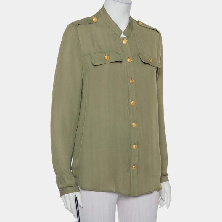 Pre Owned Pierre Balmain Military Green Silk Half Collar Button Front Shirt S 