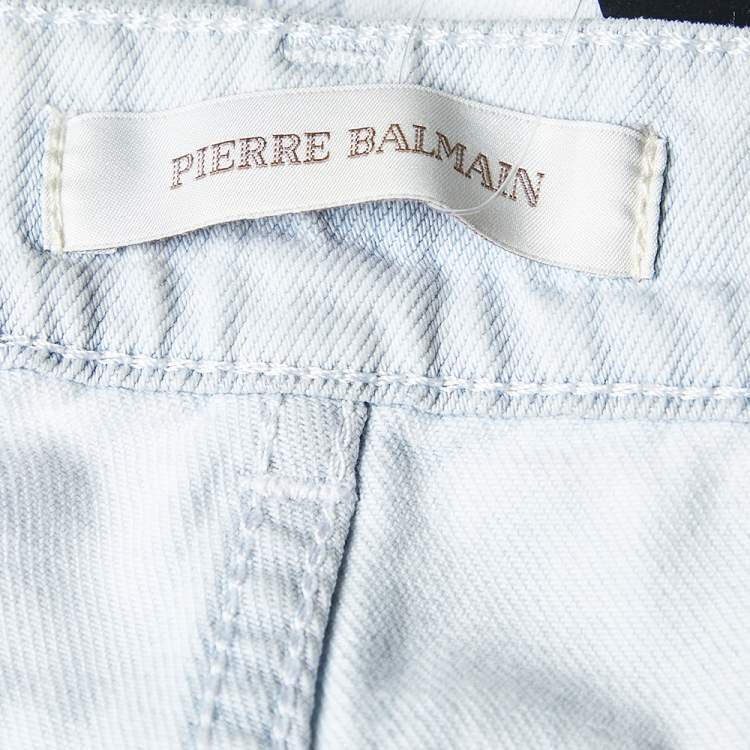Pre Owned Pierre Balmain Light Blue Denim Distressed Shorts M