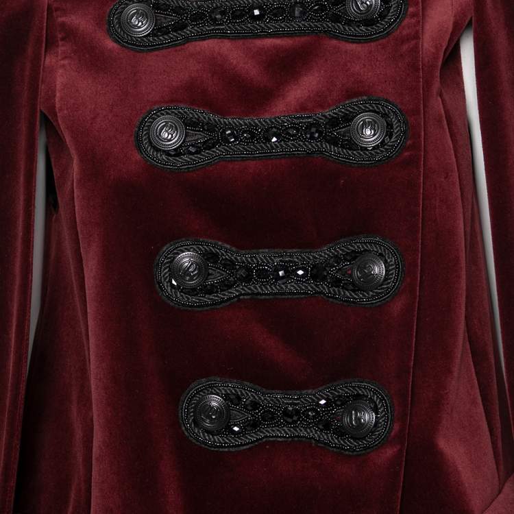 Pre Owned Pierre Balmain Red Velvet Embellished Double Breasted Cape Jacket S
