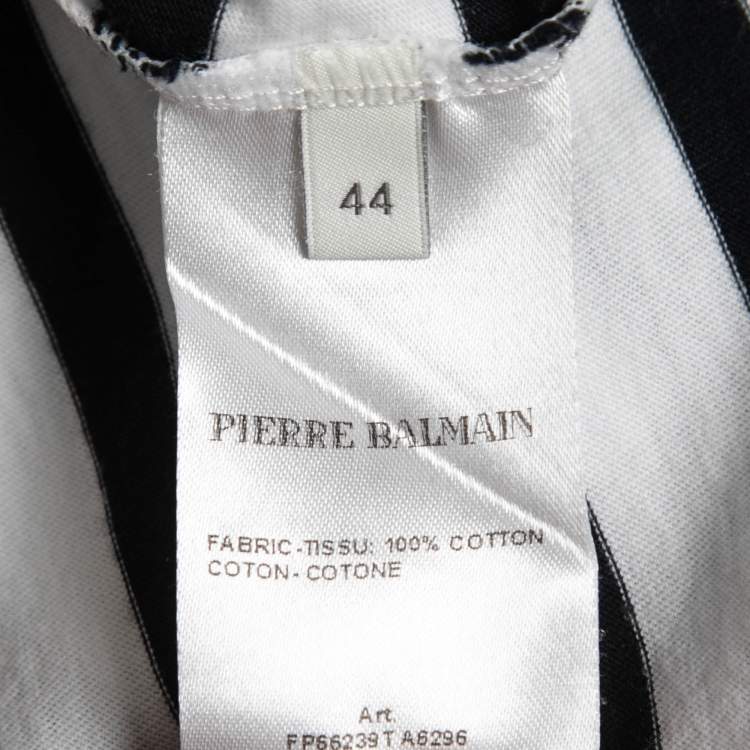 Pre Owned Pierre Balmain White/Navy Blue Striped Cotton Button Embellished Sleeveless T-Shirt L