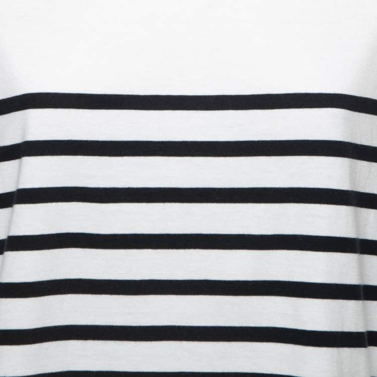 Pre Owned Pierre Balmain White/Navy Blue Striped Cotton Button Embellished Sleeveless T-Shirt L
