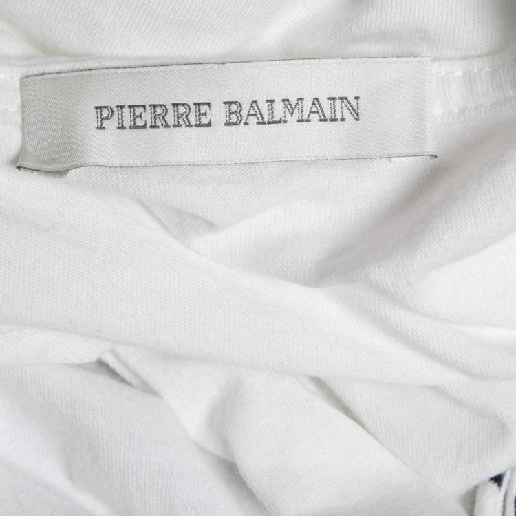 Pre Owned Pierre Balmain White/Navy Blue Striped Cotton Button Embellished Sleeveless T-Shirt L