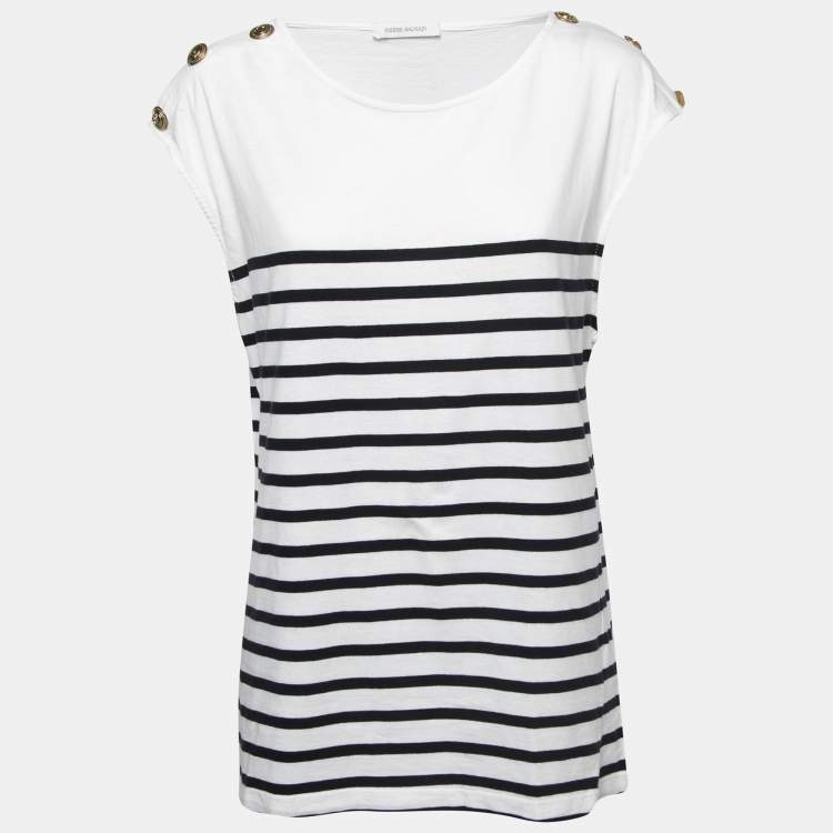 Pre Owned Pierre Balmain White/Navy Blue Striped Cotton Button Embellished Sleeveless T-Shirt L