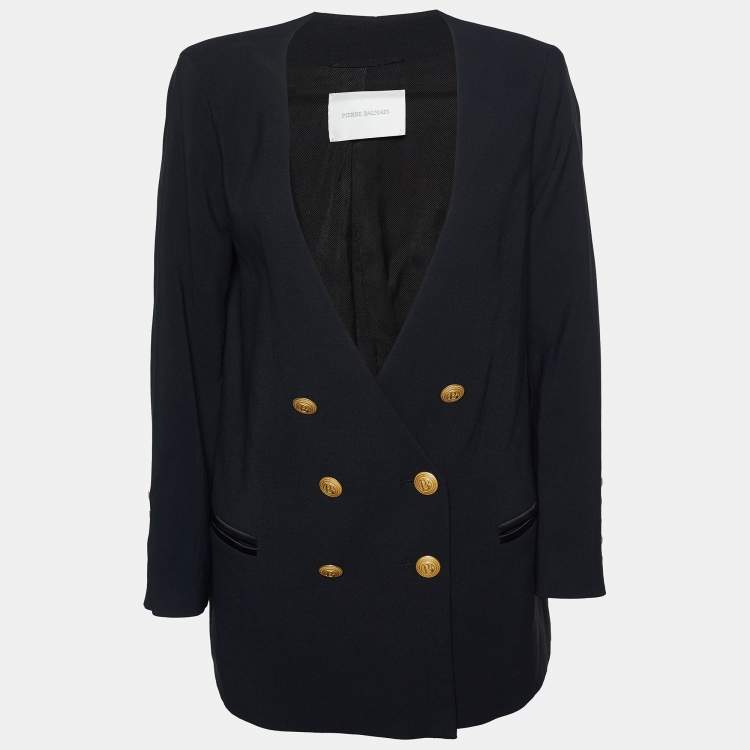 Pre Owned Pierre Balmain Black Crepe Collarless Double Breasted Jacket L
