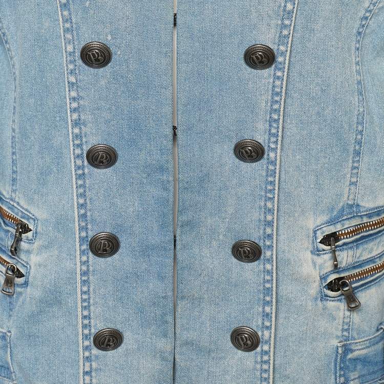 Pre Owned Pierre Balmain Blue Denim Quilted Shoulder Detail Jacket M