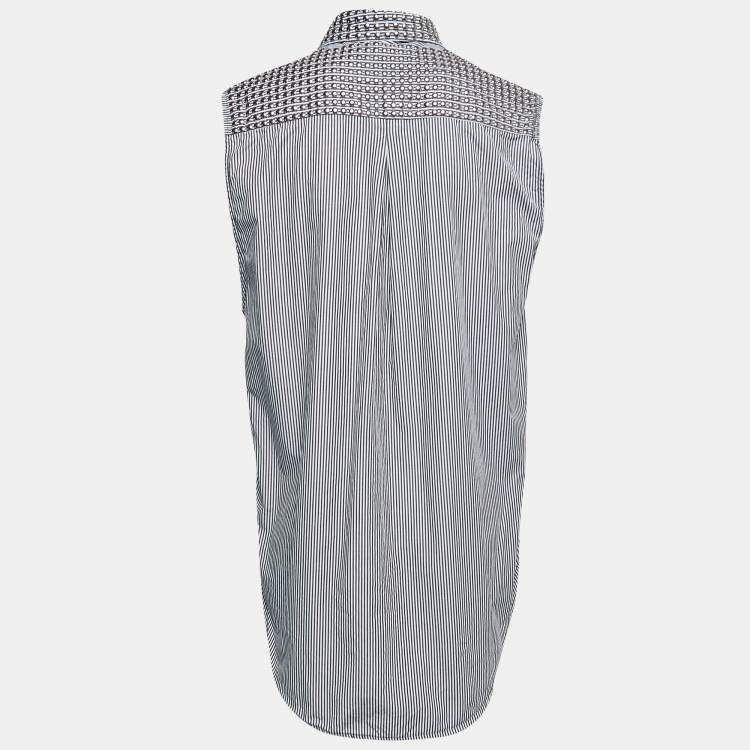 Pre Owned Pierre Balmain Blue Striped Cotton Studded Detail Button Front Sleeveless Shirt M