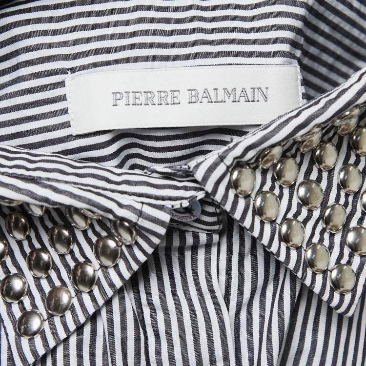 Pre Owned Pierre Balmain Blue Striped Cotton Studded Detail Button Front Sleeveless Shirt M