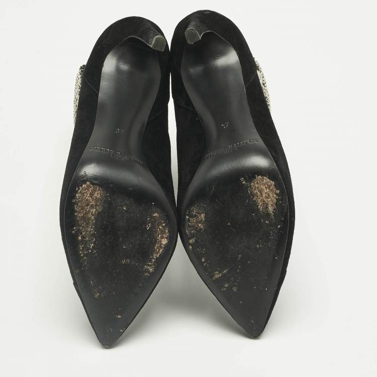 مملوكة مسبقًا Pierre Balmain Black Suede Crystal Embellished Ankle Length Boots Size 37