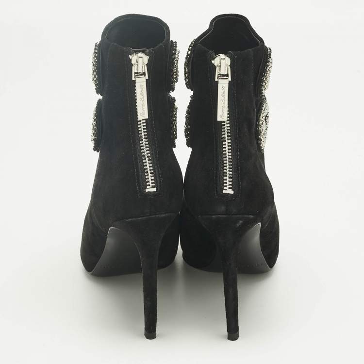 مملوكة مسبقًا Pierre Balmain Black Suede Crystal Embellished Ankle Length Boots Size 37