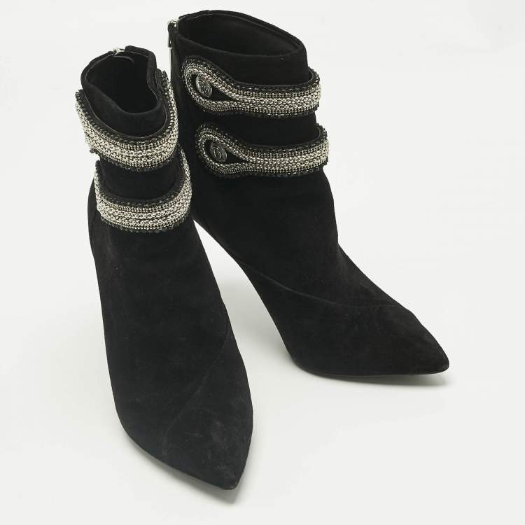 مملوكة مسبقًا Pierre Balmain Black Suede Crystal Embellished Ankle Length Boots Size 37