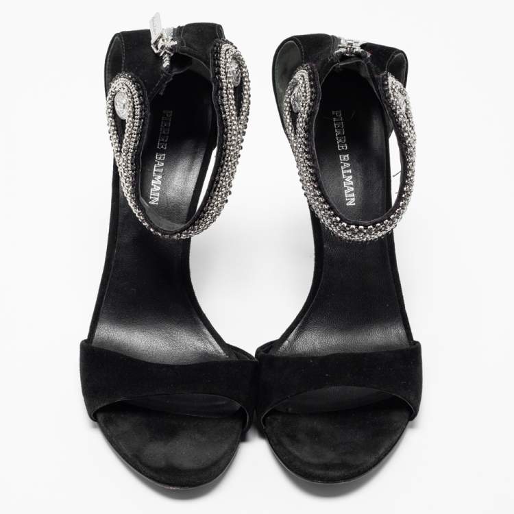 Pre Owned Pierre Balmain Black Suede Embellished Ankle Strap Sandals Size 39