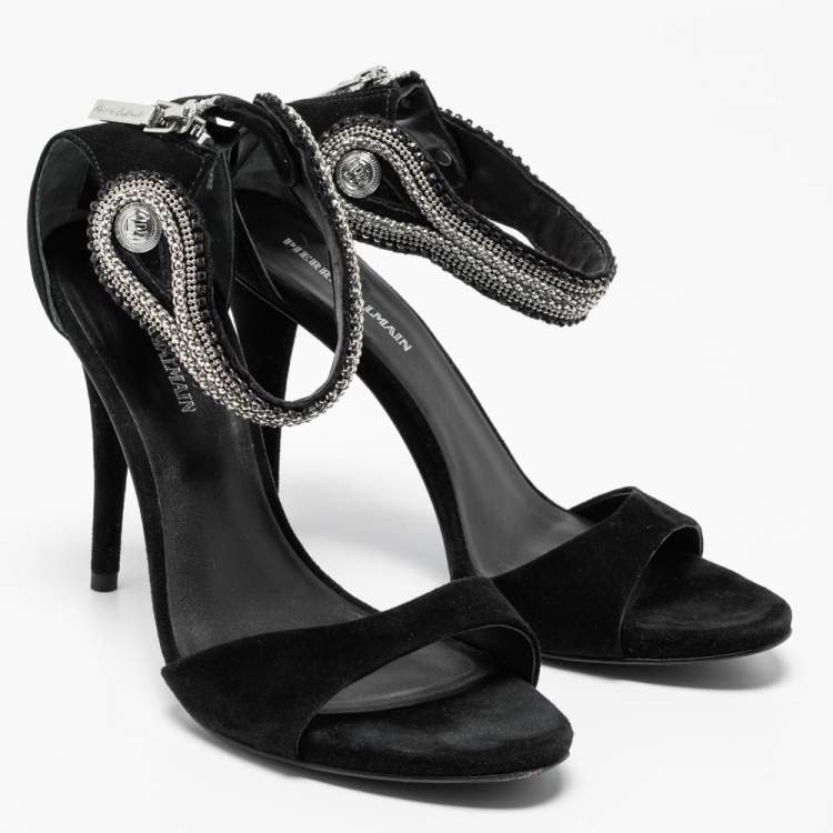 Pre Owned Pierre Balmain Black Suede Embellished Ankle Strap Sandals Size 39