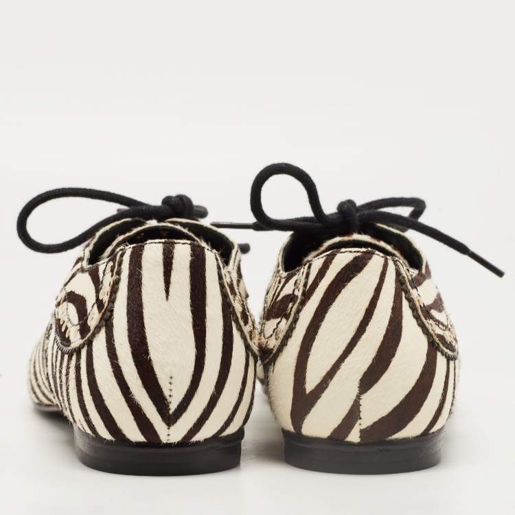 Pre Owned Pierre Balmain Black/ White Zebra Print Pony Hair and Leather Studded  Lace Up Oxfords Size 37