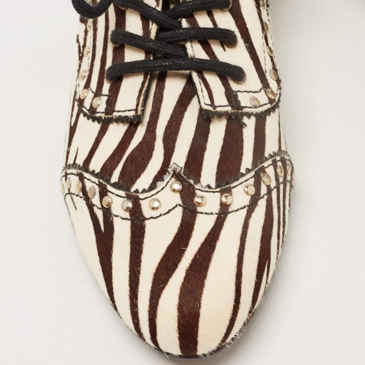 Pre Owned Pierre Balmain Black/ White Zebra Print Pony Hair and Leather Studded  Lace Up Oxfords Size 37