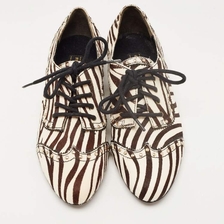 Pre Owned Pierre Balmain Black/ White Zebra Print Pony Hair and Leather Studded  Lace Up Oxfords Size 37