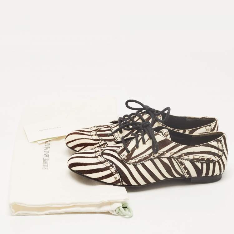 Pre Owned Pierre Balmain Black/ White Zebra Print Pony Hair and Leather Studded  Lace Up Oxfords Size 37