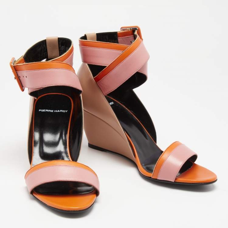 Pre Owned Pierre Hardy Tri-Color Leather Ankle-Strap Wedge Sandals Size 39