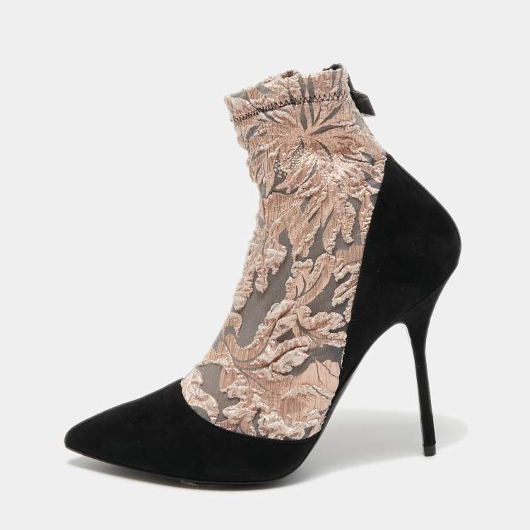 Pre Owned Pierre Hardy Black/Metallic Peach Fabric and Suede Dolly Pointed Toe Ankle Booties Size 38