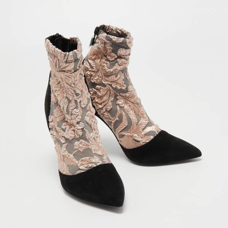 Pre Owned Pierre Hardy Black/Metallic Peach Fabric and Suede Dolly Pointed Toe Ankle Booties Size 38