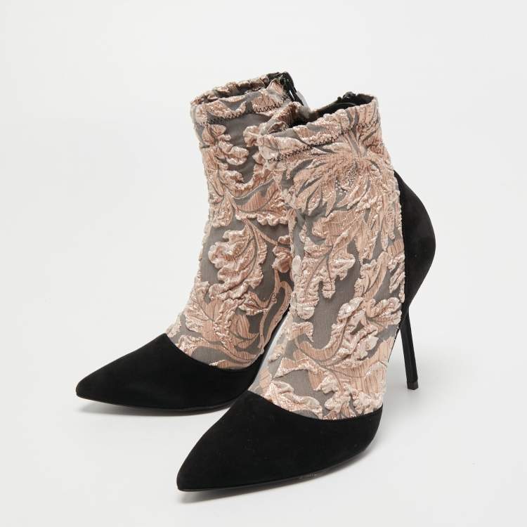 Pre Owned Pierre Hardy Black/Metallic Peach Fabric and Suede Dolly Pointed Toe Ankle Booties Size 38