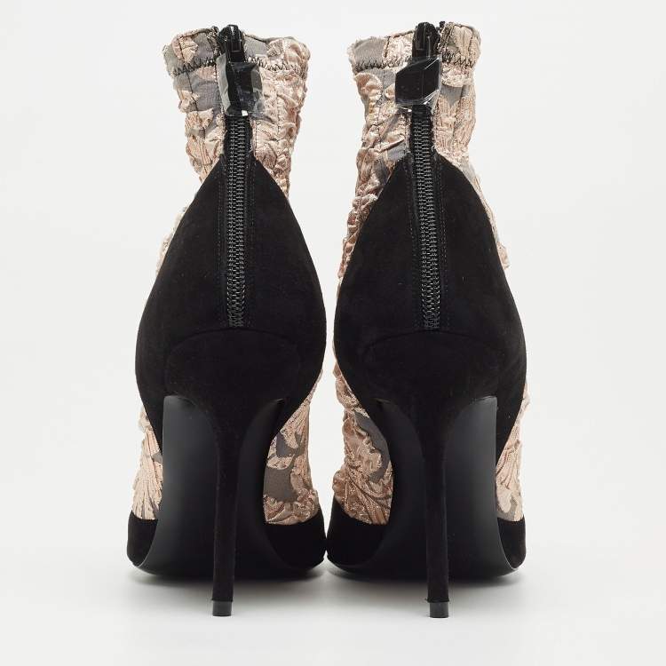Pre Owned Pierre Hardy Black/Metallic Peach Fabric and Suede Dolly Pointed Toe Ankle Booties Size 38.5