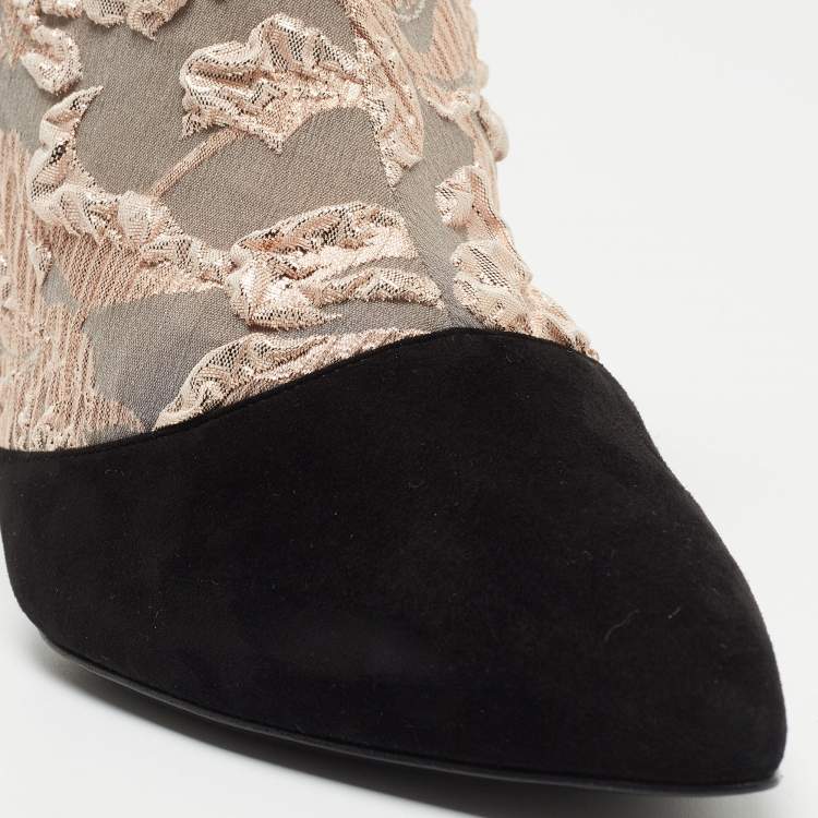 Pre Owned Pierre Hardy Black/Metallic Peach Fabric and Suede Dolly Pointed Toe Ankle Booties Size 38.5