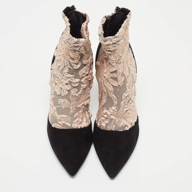 Pre Owned Pierre Hardy Black/Metallic Peach Fabric and Suede Dolly Pointed Toe Ankle Booties Size 38.5