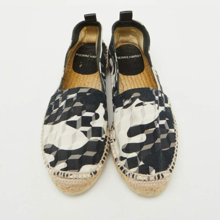 Pre Owned Pierre Hardy Black/White Canvas Ankle Wrap Espadrille Flats Size 37