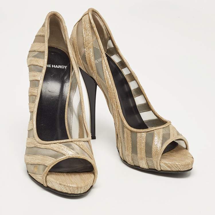 Pre Owned PIERRE HARDY Gold Mesh and Suede Peep Toe Pumps Size 37