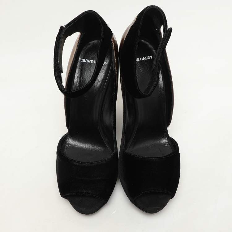 Pre Owned PIERRE HARDY Black/Bronze Leather and Velvet Block Heel Ankle Strap Pumps Size 40