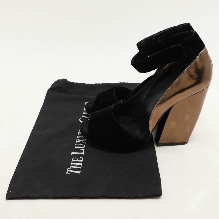 Pre Owned PIERRE HARDY Black/Bronze Leather and Velvet Block Heel Ankle Strap Pumps Size 40