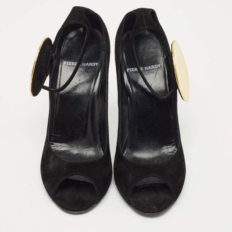 Pre Owned PIERRE HARDY Black Suede Peep Toe Ankle Strap Pumps Size 40