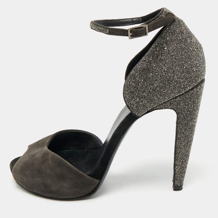 Pre Owned PIERRE HARDY Black Glitter and Suede Peep Toe Ankle Strap Sandals Size 39.5