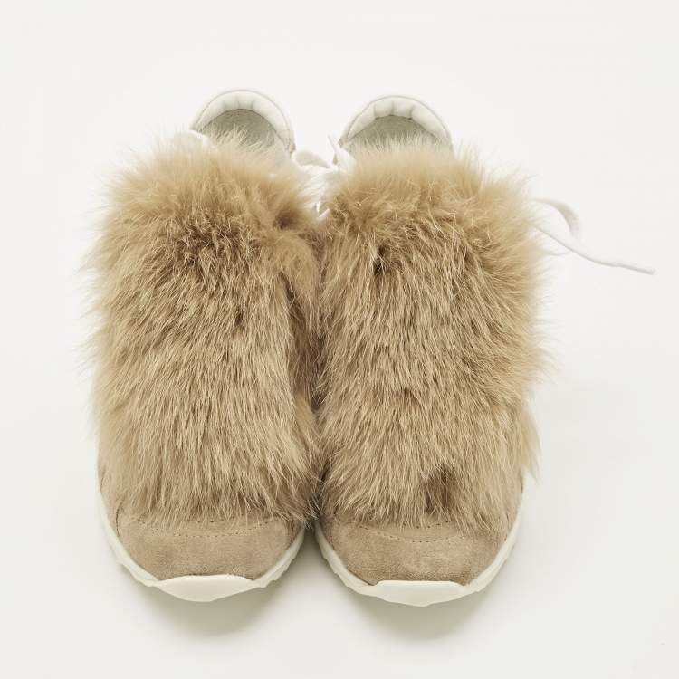 Pre Owned Pierre Hardy Brown Rabbit Fur and Suede Low Top Sneakers Size 37