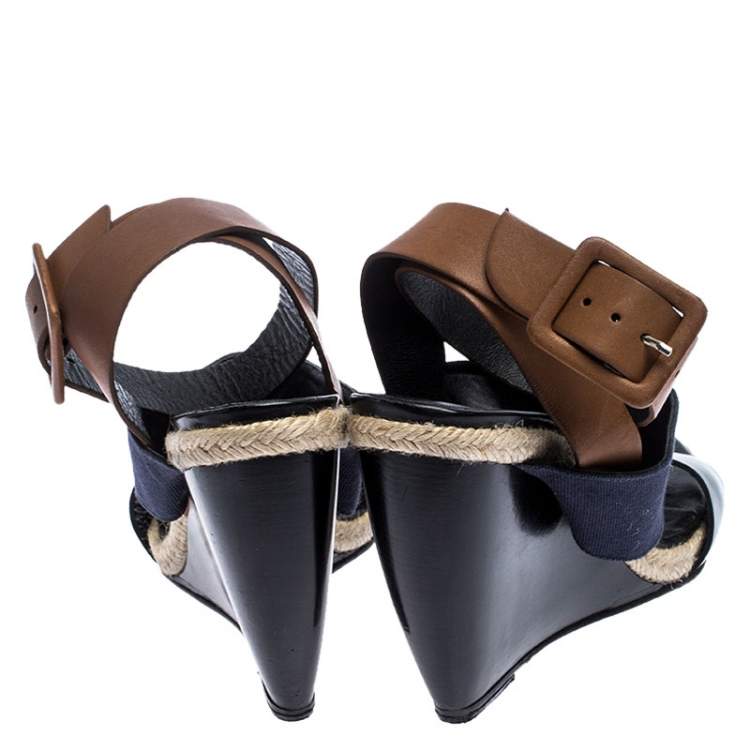 Pre Owned Pierre Hardy Tri Color Leather and Canvas Ankle Strap Wedge Sandals Size 39