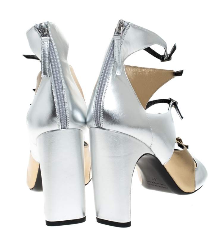 Pre Owned Pierre Hardy Metallic Silver/Gold Cut Out Leather Lula Sandals Size 42