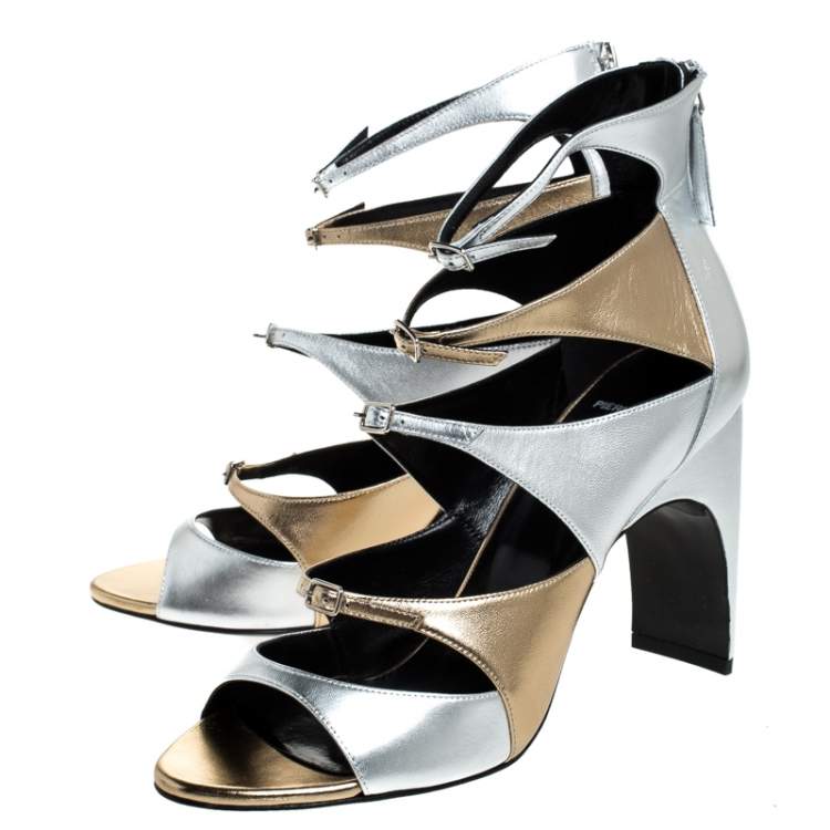 Pre Owned Pierre Hardy Metallic Silver/Gold Cut Out Leather Lula Sandals Size 42