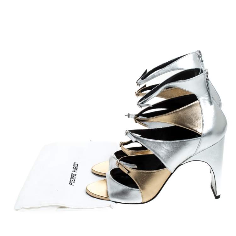 Pre Owned Pierre Hardy Metallic Silver/Gold Cut Out Leather Lula Sandals Size 42